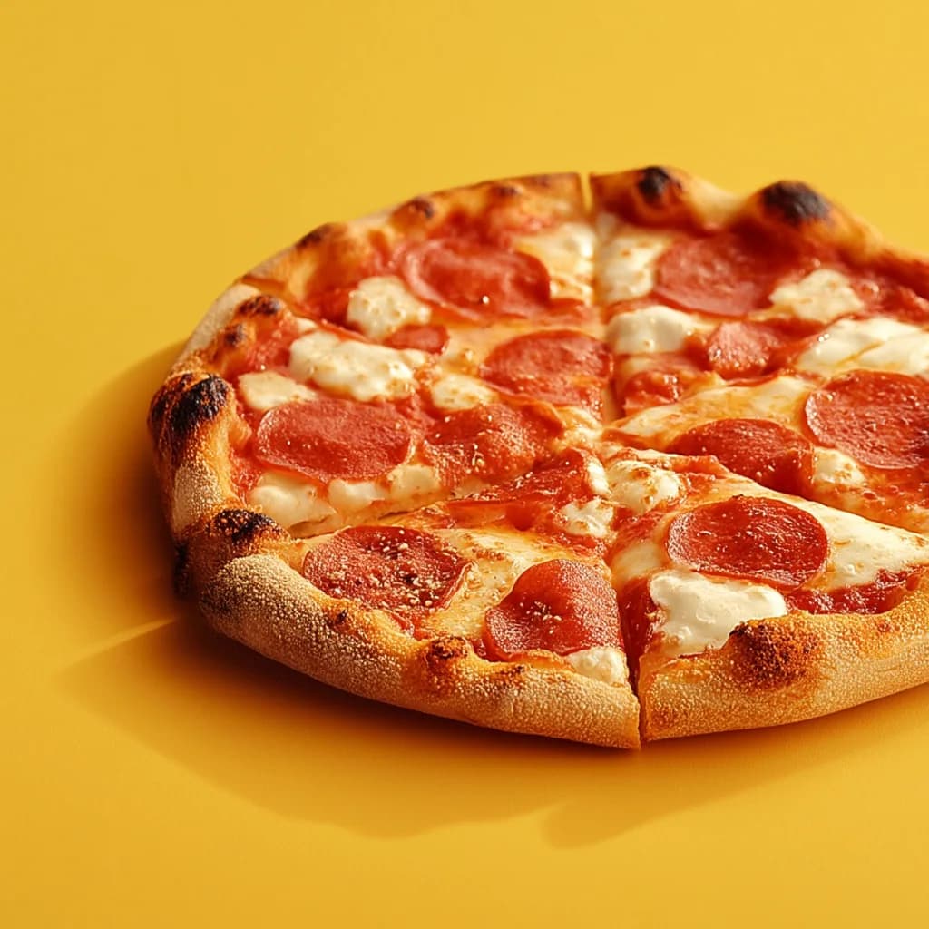 Pizza z mozzarellą i salami na żółtym tle.